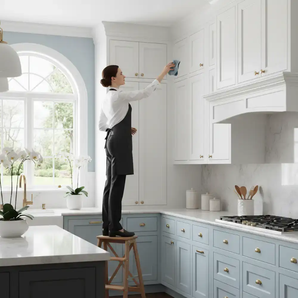 Housekeeper wiping high cabinet surfaces