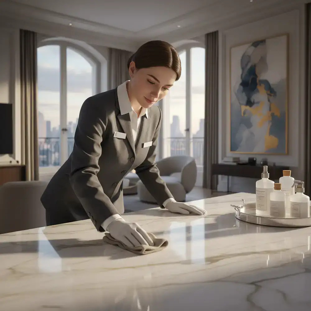 Housekeeper detailing a premium surface