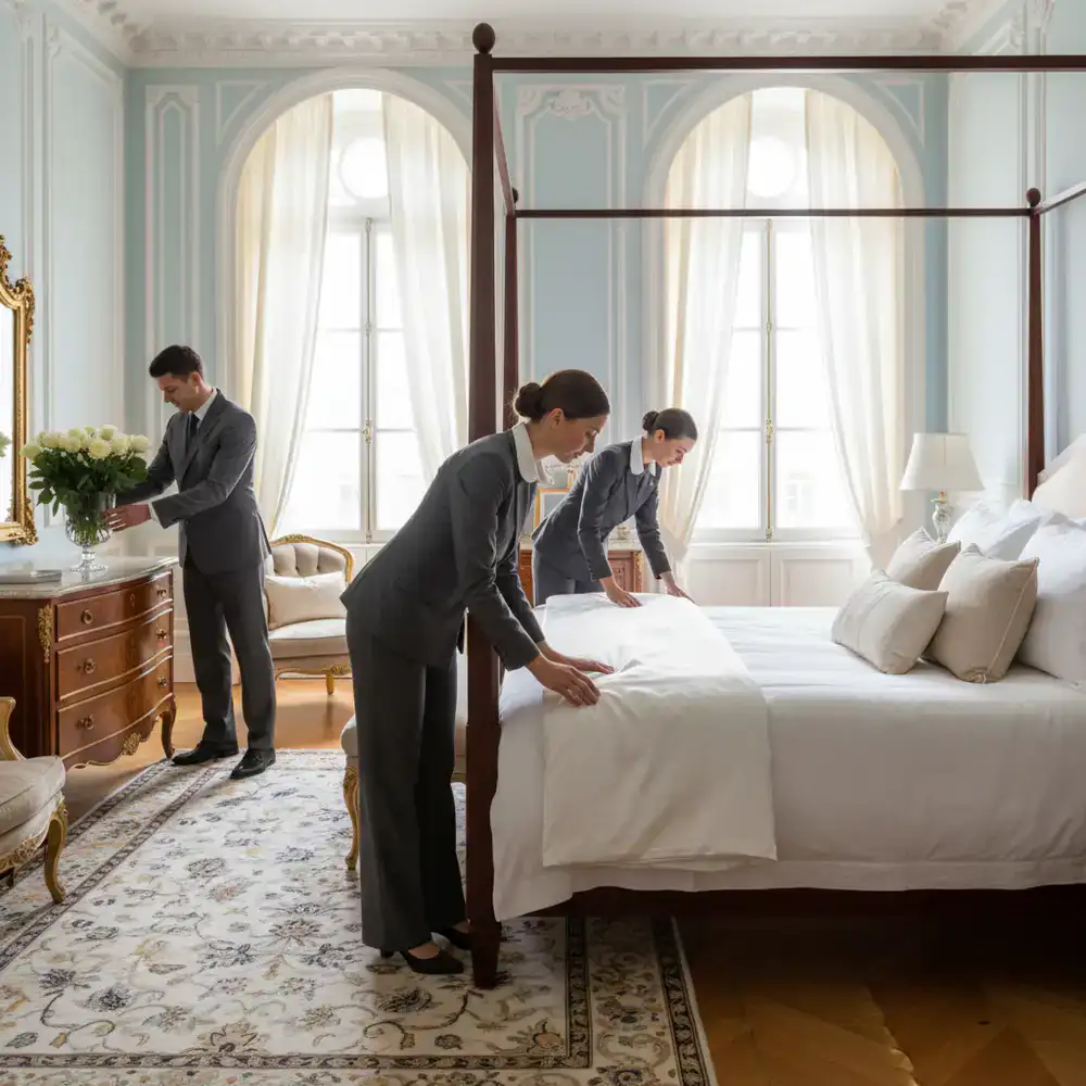 PrimeClean professional housekeeping staff arranging a luxurious bedroom